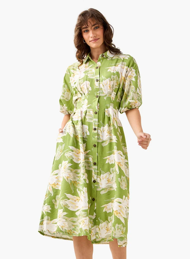 سبلاش فيڤ Floral Print Shirt Style Women Dress with Collar Viscose